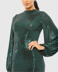 Green Disco Stretch Blouson Sleeve Gown