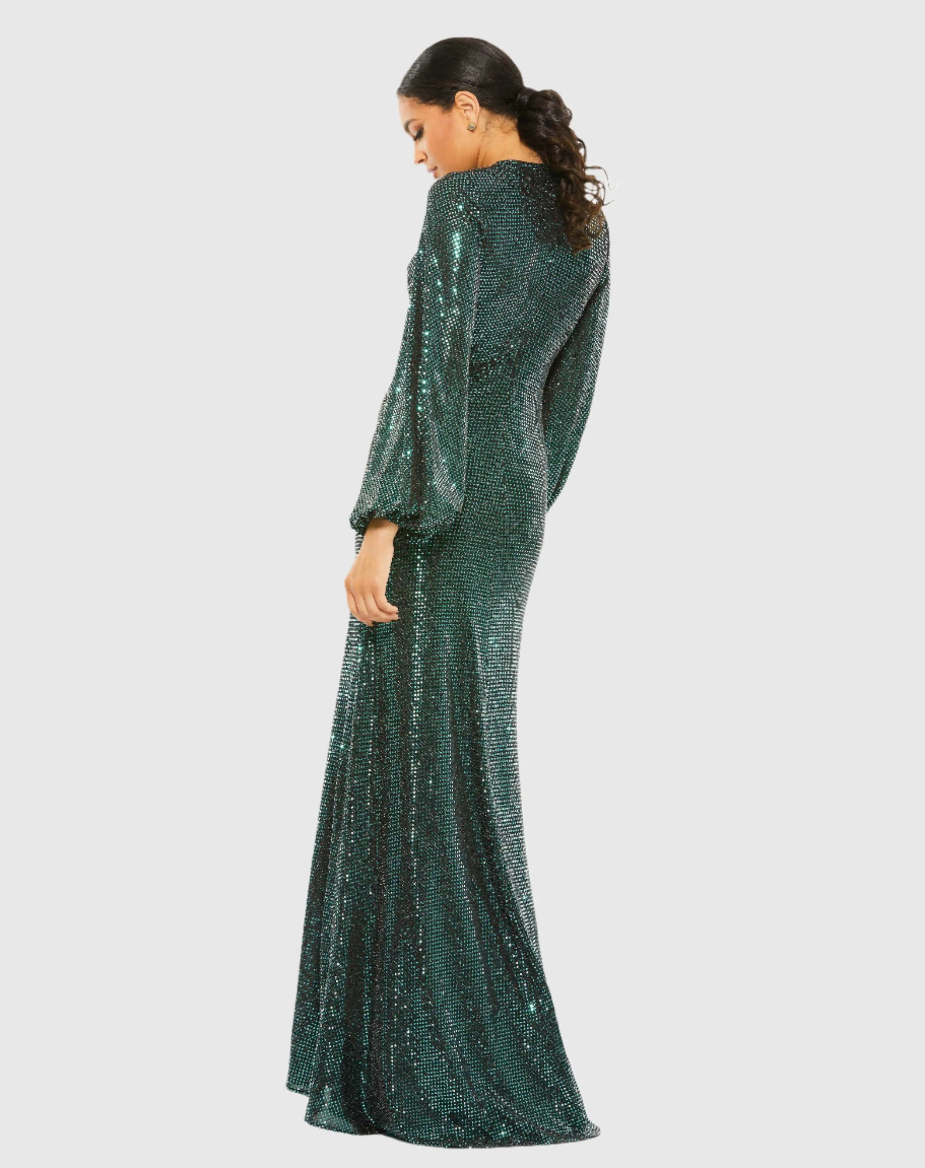 Green Disco Stretch Blouson Sleeve Gown