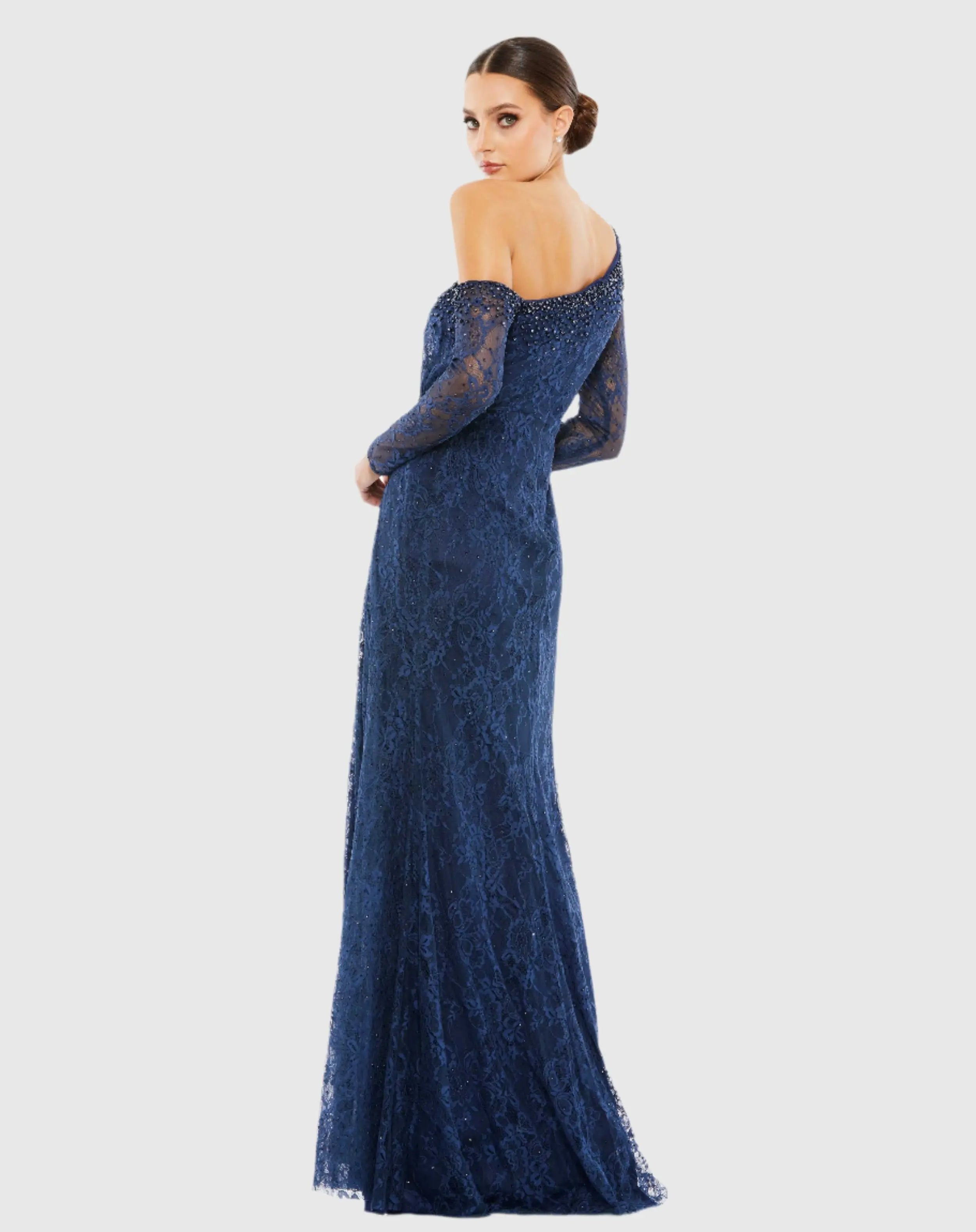 Navy Draped Jewel Encrusted Lace Drop Shoulder Gown