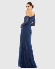 Navy Draped Jewel Encrusted Lace Drop Shoulder Gown