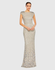 Silver and Beige Embellished Crystal Cap Sleeve Column Gown