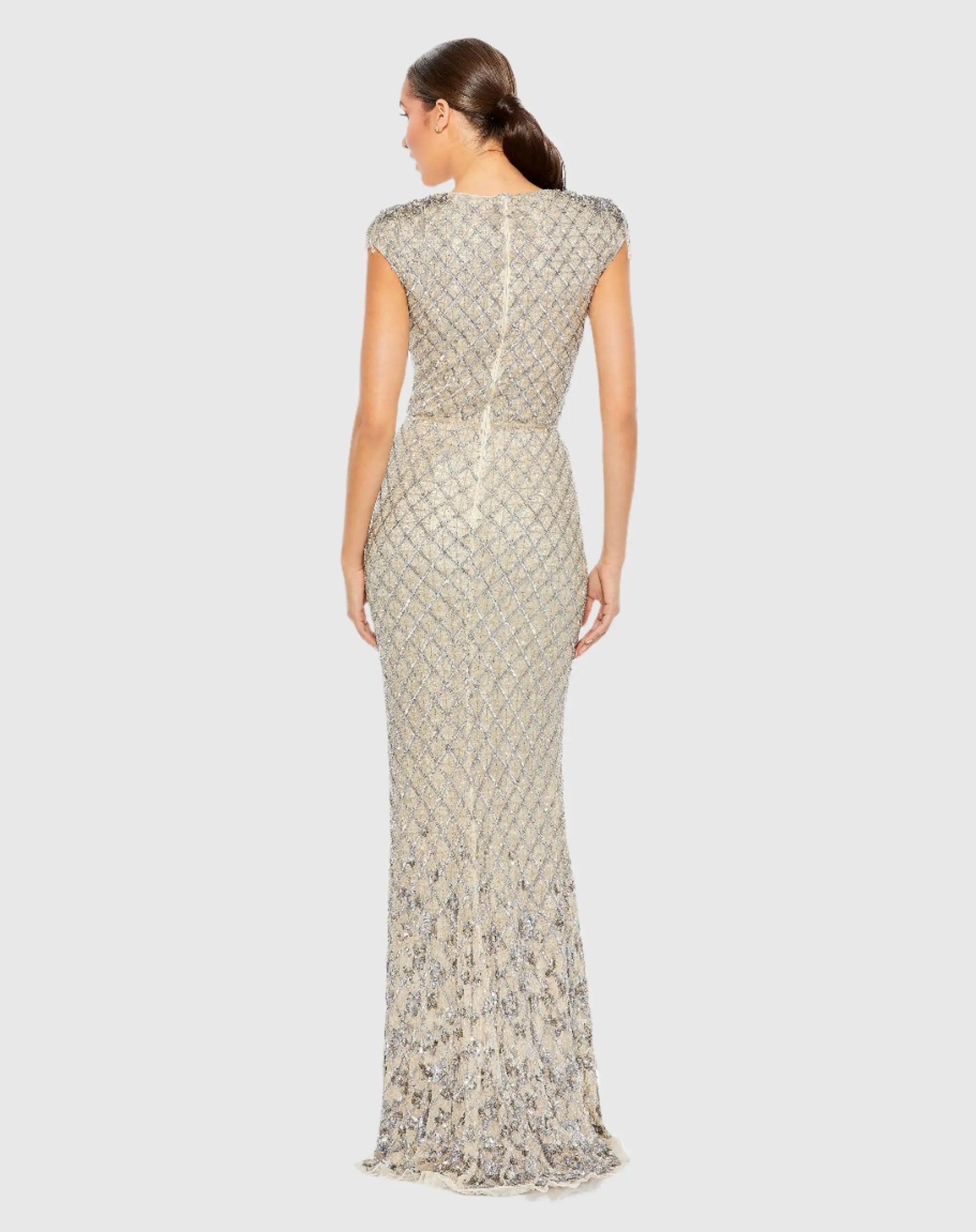 Silver and Beige Embellished Crystal Cap Sleeve Column Gown
