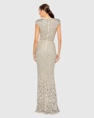 Silver and Beige Embellished Crystal Cap Sleeve Column Gown