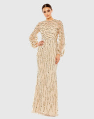 Gold Embellished High Neck Puff Sleeve Trumpet Gown