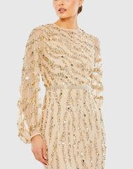 Gold Embellished High Neck Puff Sleeve Trumpet Gown