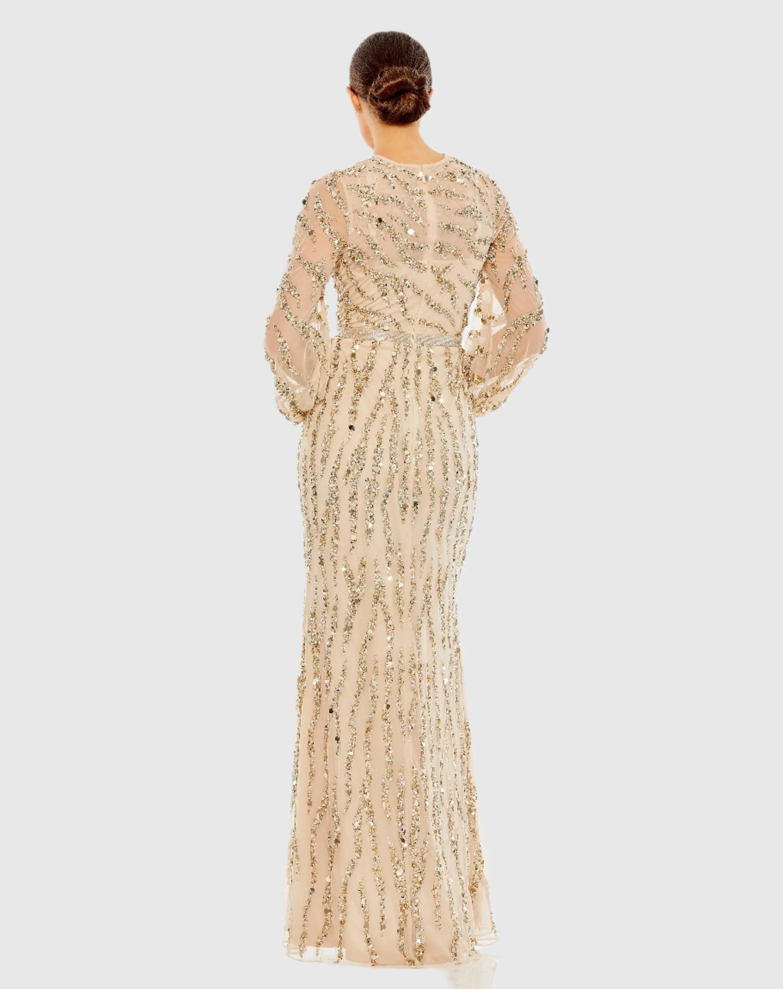 Gold Embellished High Neck Puff Sleeve Trumpet Gown