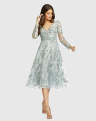 Gray Embellished Illusion Long Sleeve A Line Dress