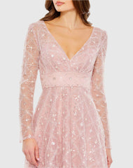 Pink Embellished Illusion Long Sleeve Dress