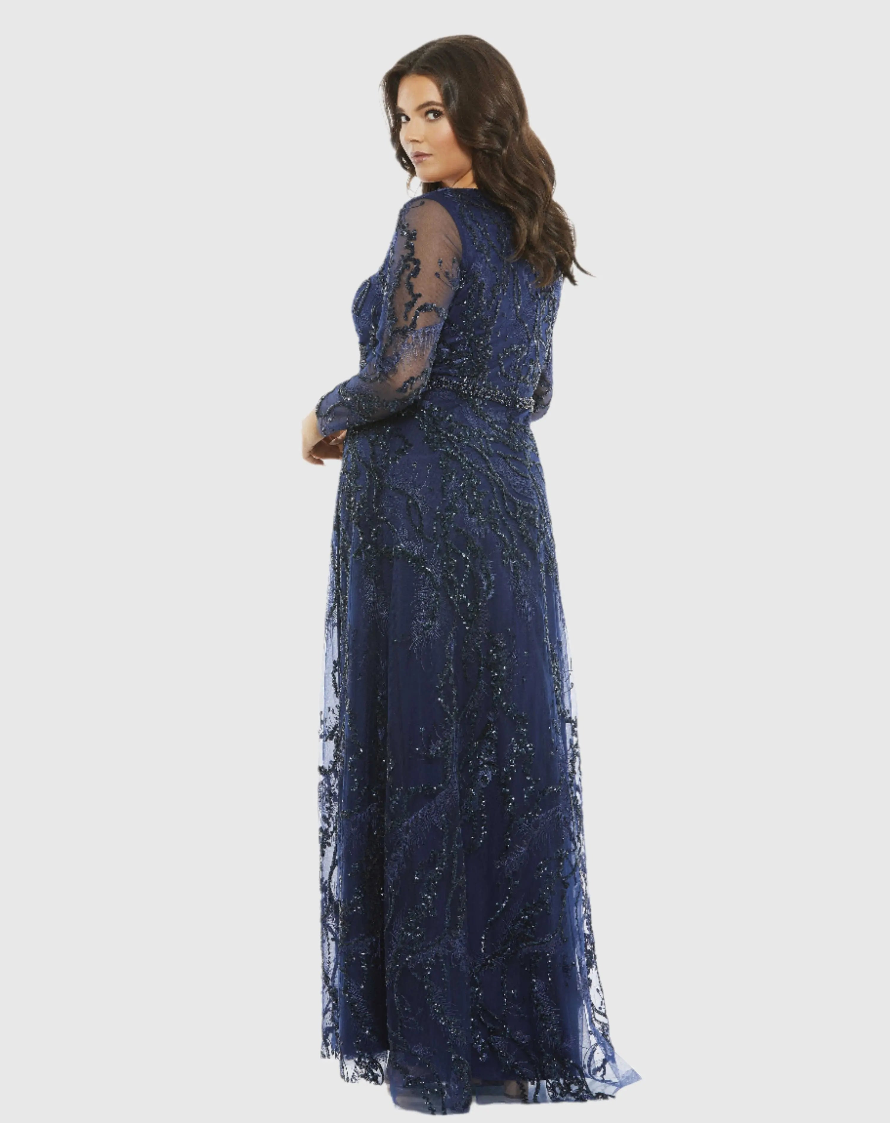 Navy Embellished Illusion Long Sleeve V-Neck A-Line Gown (Plus)