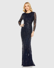 Navy Embellished Long Sleeve Column Gown