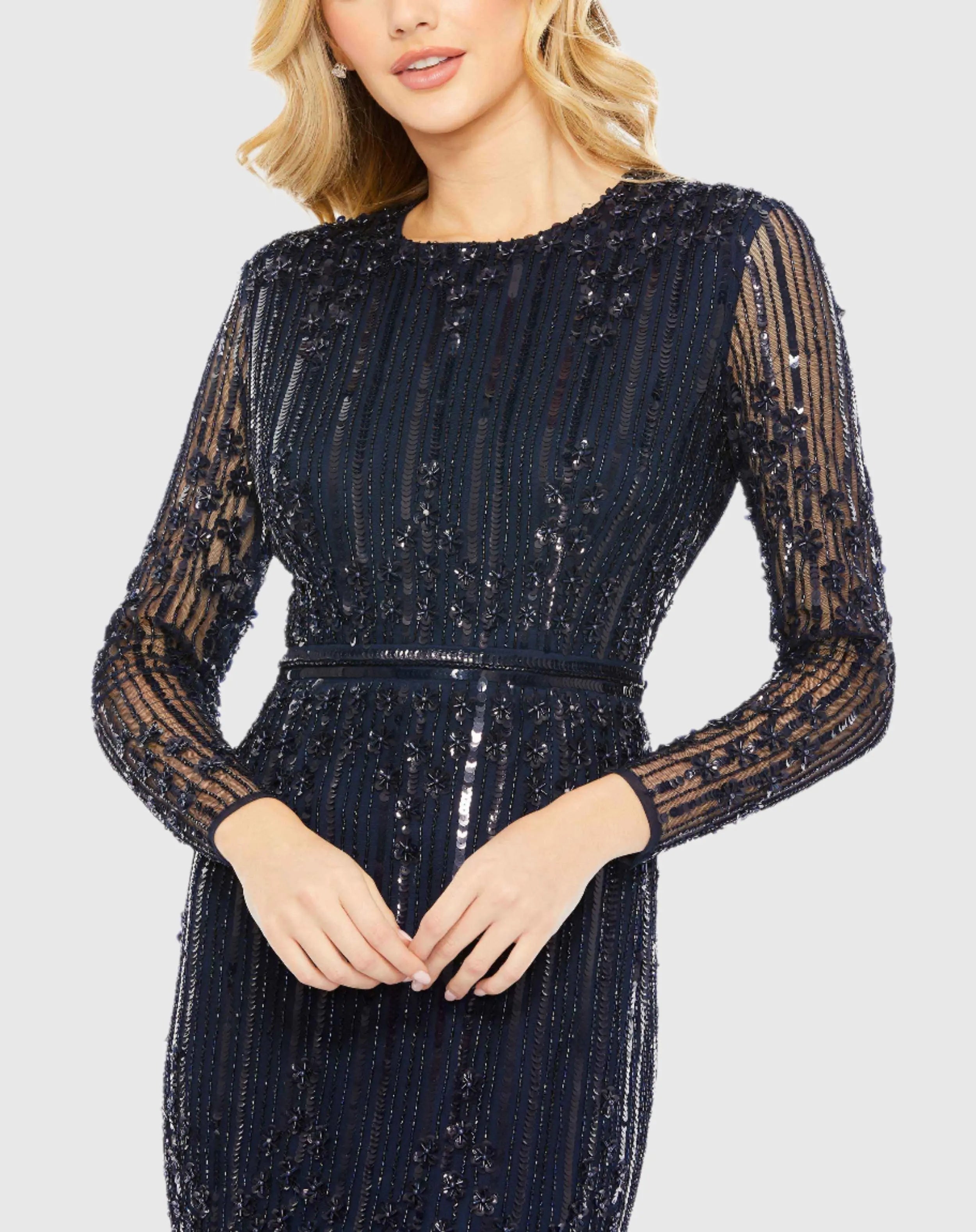 Navy Embellished Long Sleeve Column Gown