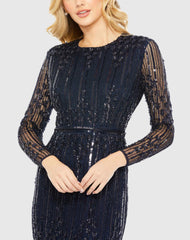 Navy Embellished Long Sleeve Column Gown