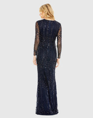 Navy Embellished Long Sleeve Column Gown