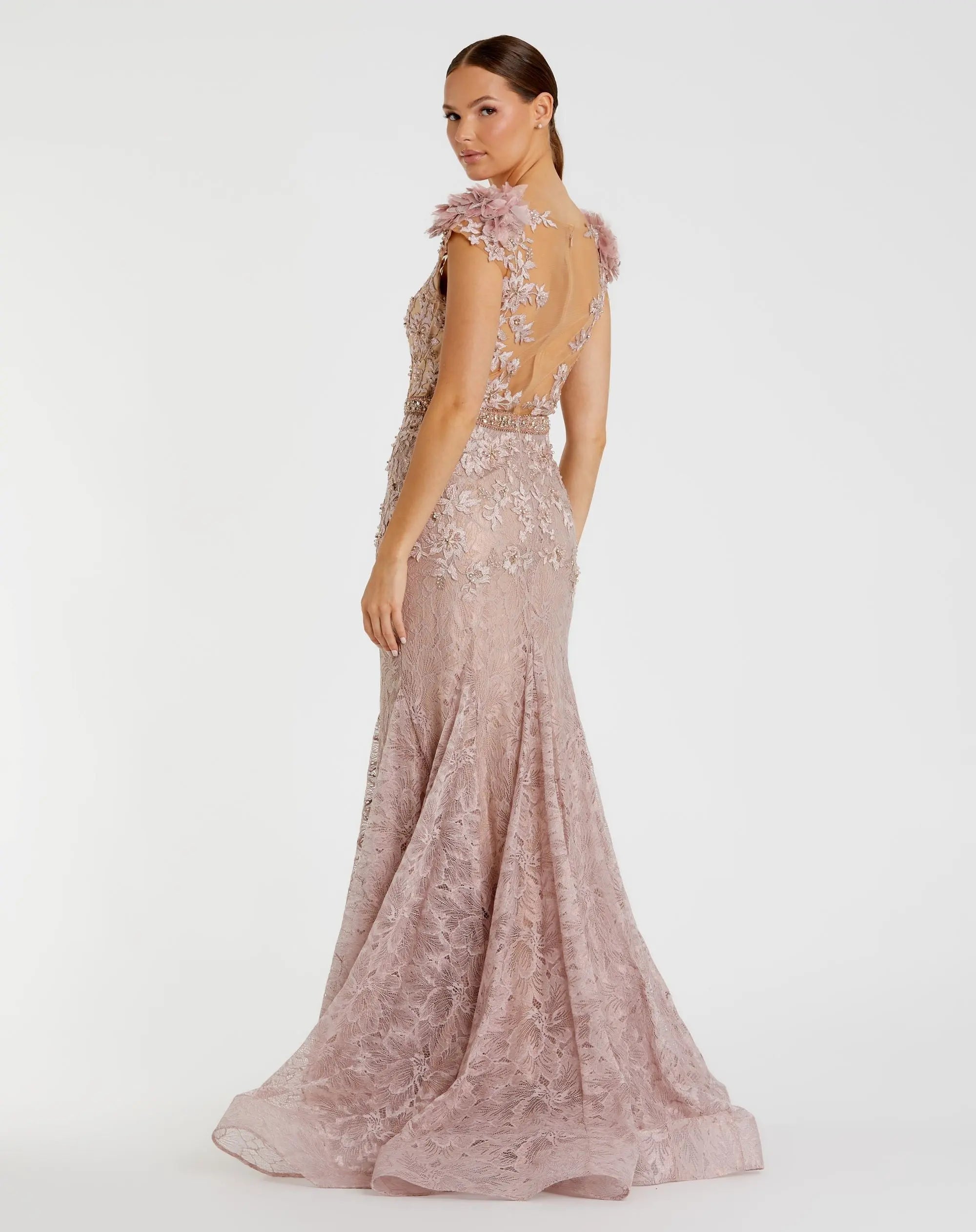 Pink Embroidered Illusion Appliqued Bodice Trumpet Gown