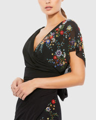 Black Faux Wrap Multi Colored Beaded Floral Gown