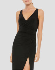 Black Faux Wrap Sleeveless V Neck Gown