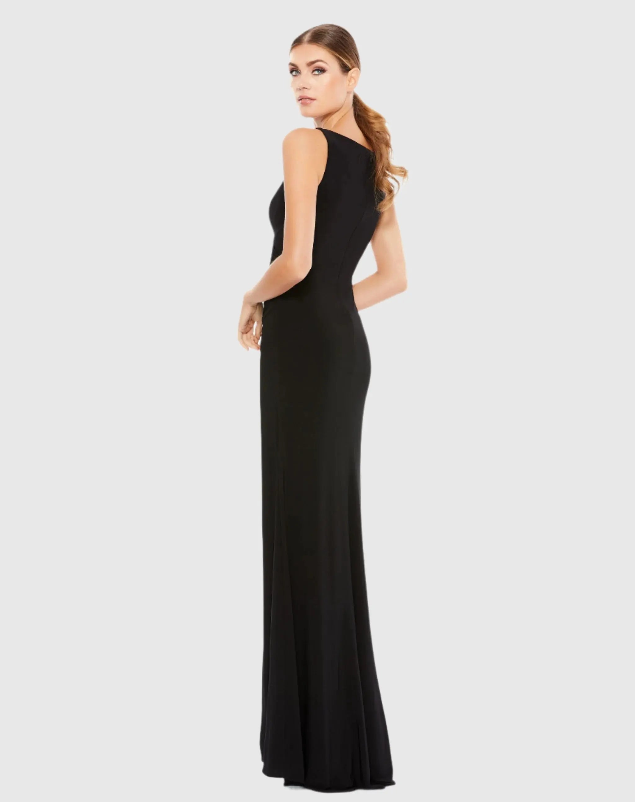 Black Faux Wrap Sleeveless V Neck Gown