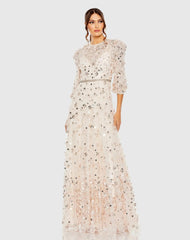 Floral Applique Puff Sleeve High Neck A-Line Gown