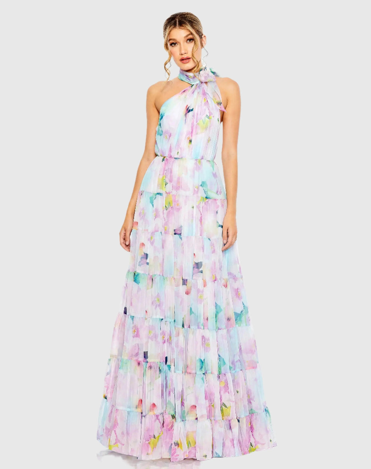 Multicolor Floral Print Asymmetrical Halter Neck Tiered Gown