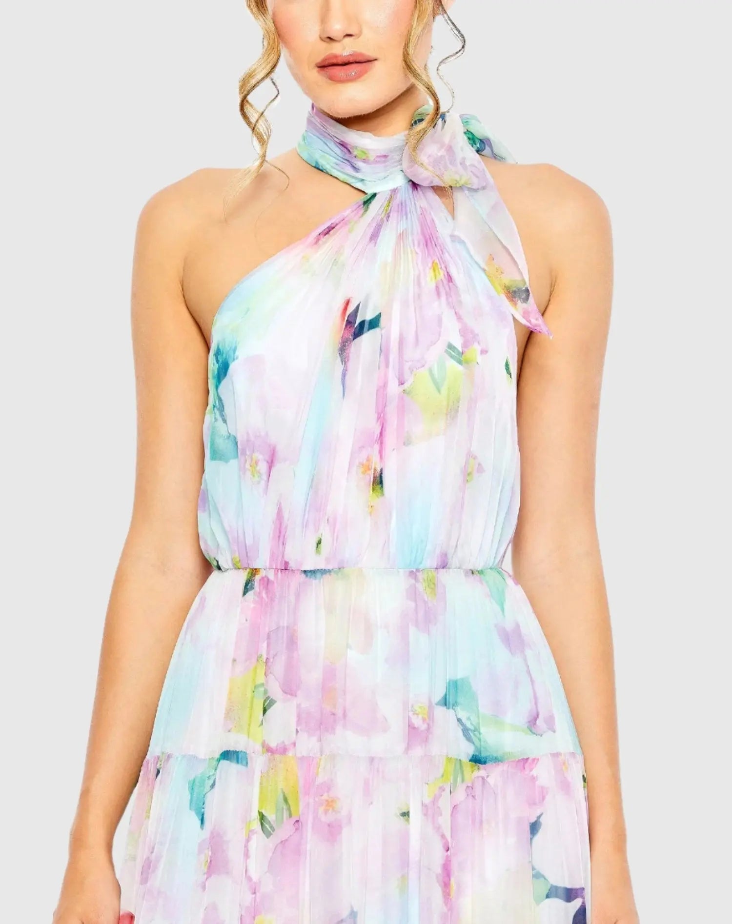 Multicolor Floral Print Asymmetrical Halter Neck Tiered Gown