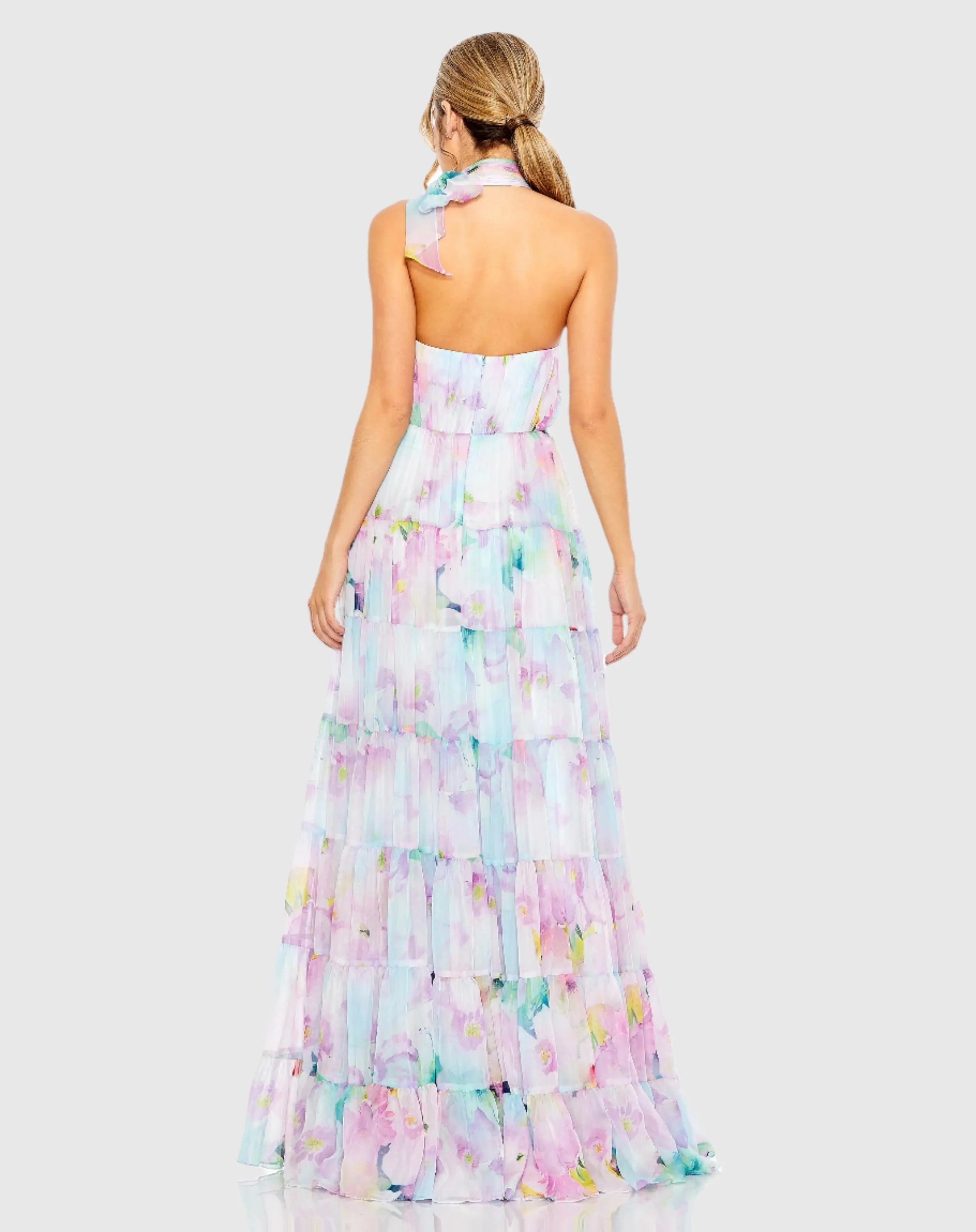 Multicolor Floral Print Asymmetrical Halter Neck Tiered Gown