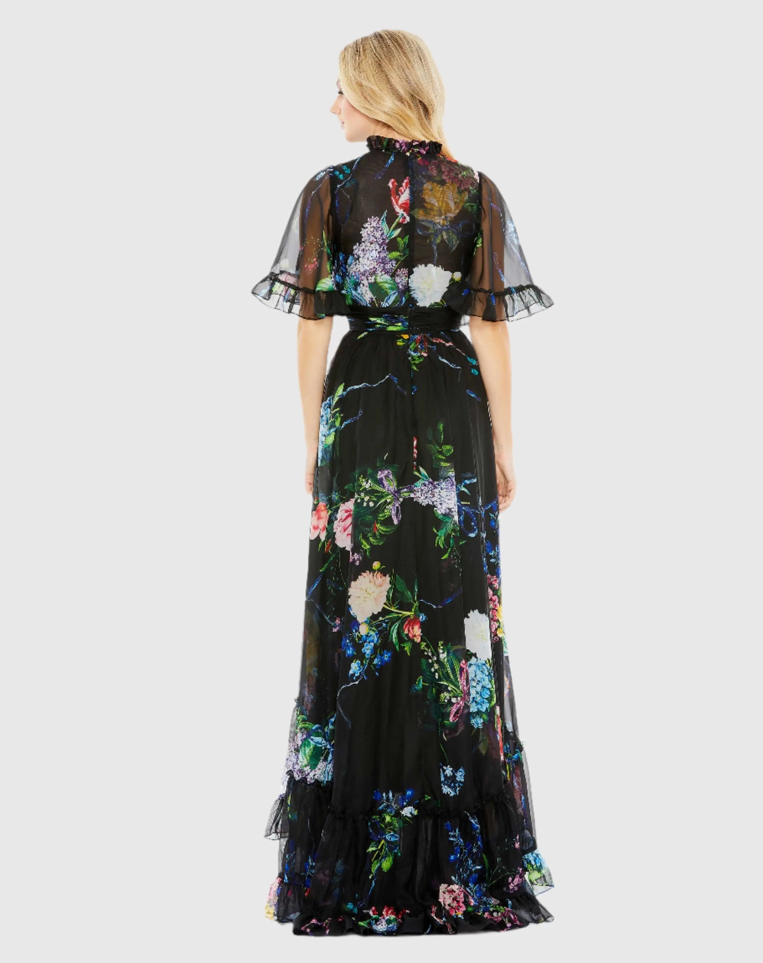 Black Floral Print Ruffled High Neck Flutter Sleeve Gown