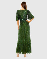 Green Flutter Sleeve Deep V Ruffle Hem Sequin Gown