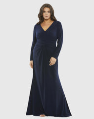 Navy Front Twist Long Sleeve V-Neck Gown (Plus)