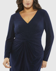 Navy Front Twist Long Sleeve V-Neck Gown (Plus)