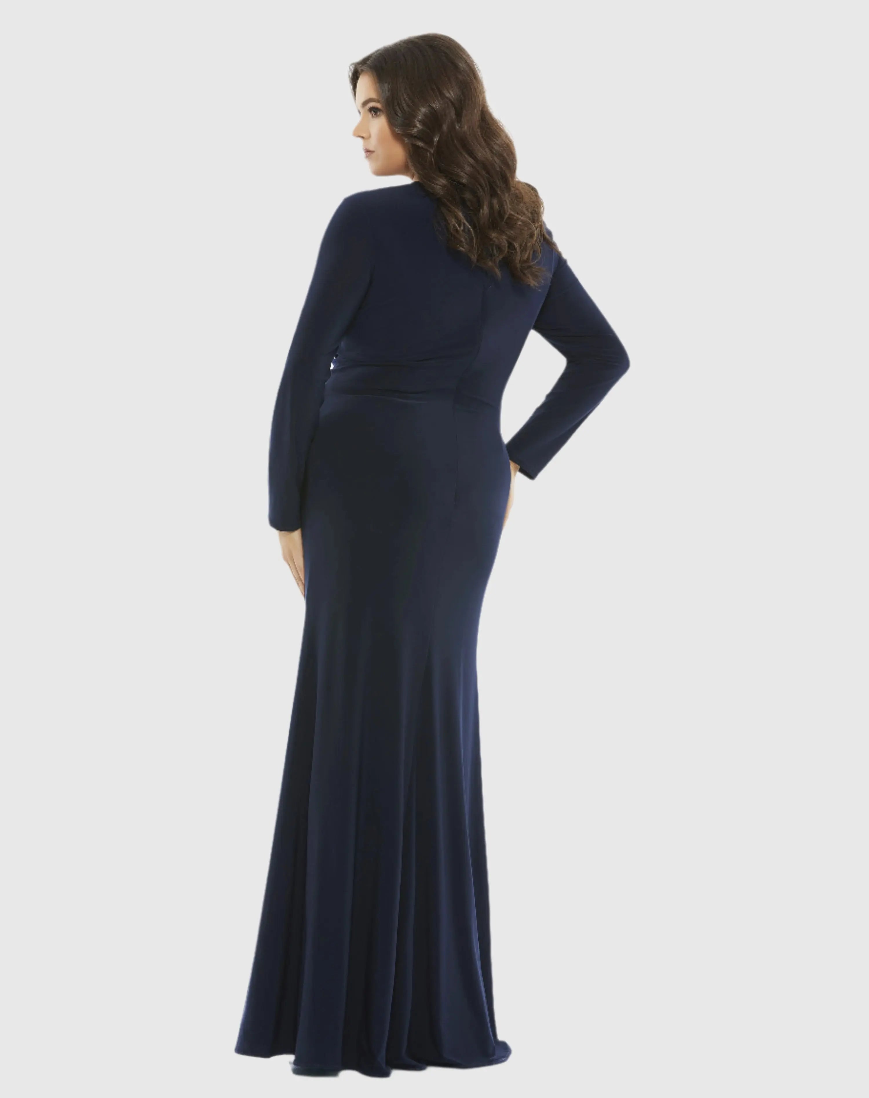 Navy Front Twist Long Sleeve V-Neck Gown (Plus)