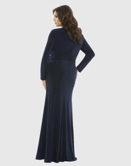 Navy Front Twist Long Sleeve V-Neck Gown (Plus)