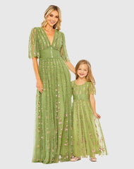 Green Girls Ruffle Flutter Sleeve Floral Mini Dress