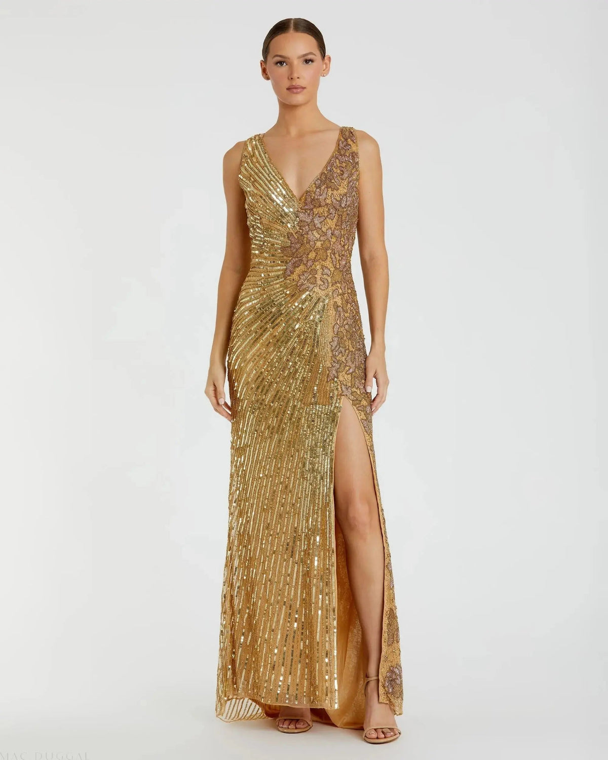 Gold Beaded Floral Sleeveless Gown