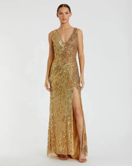 Gold Beaded Floral Sleeveless Gown