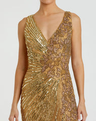 Gold Beaded Floral Sleeveless Gown