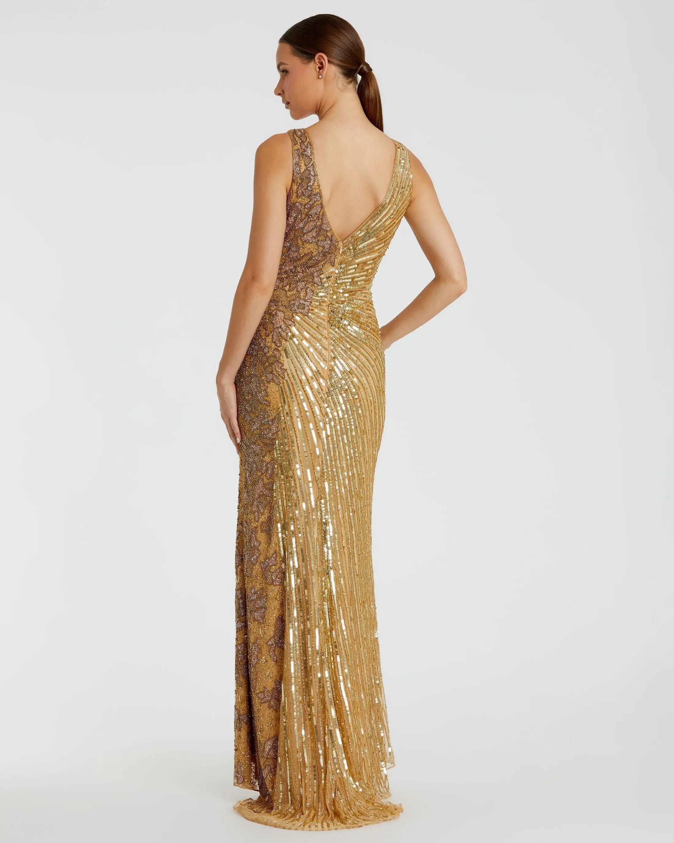 Gold Beaded Floral Sleeveless Gown