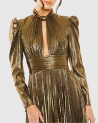 Gold Long Sleeve Keyhole Neck Heat Pleat Metallic Gown