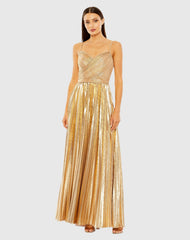 Gold Metallic Slim Strap Deep V Pleated Gown
