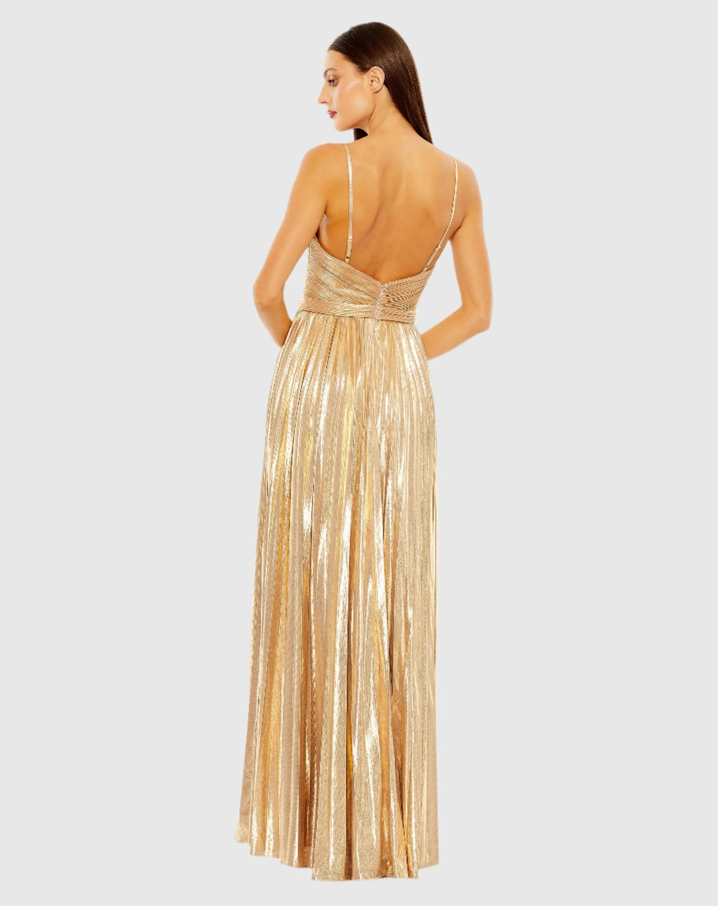 Gold Metallic Slim Strap Deep V Pleated Gown