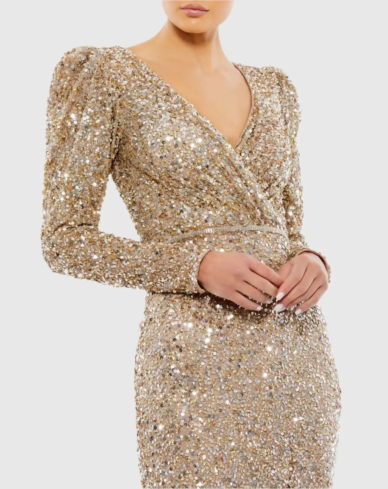 Gold Puff Shoulder Sequined Surplice Gown