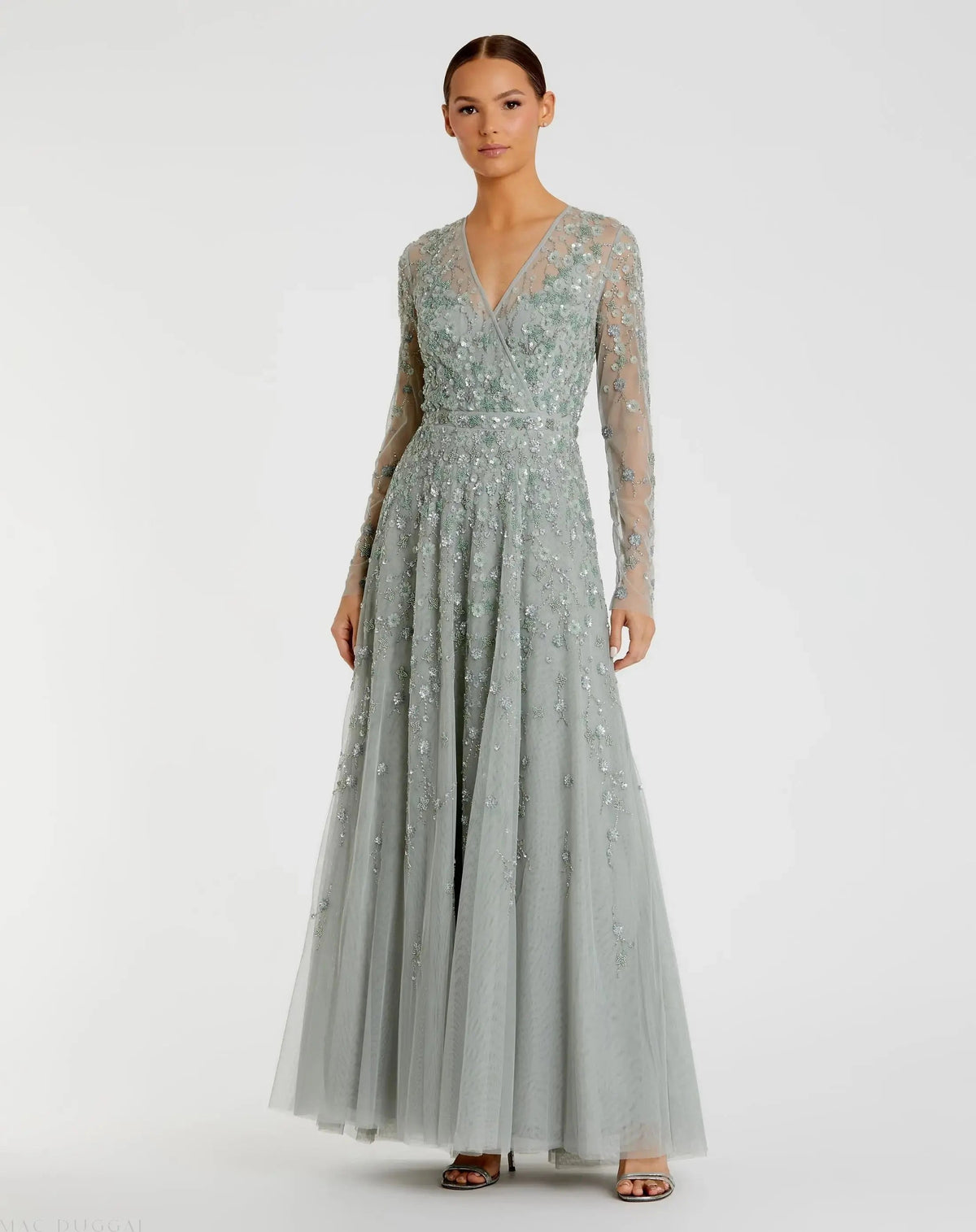 Green Embellished Wrap Over Illusion Long Sleeve A Line Gown