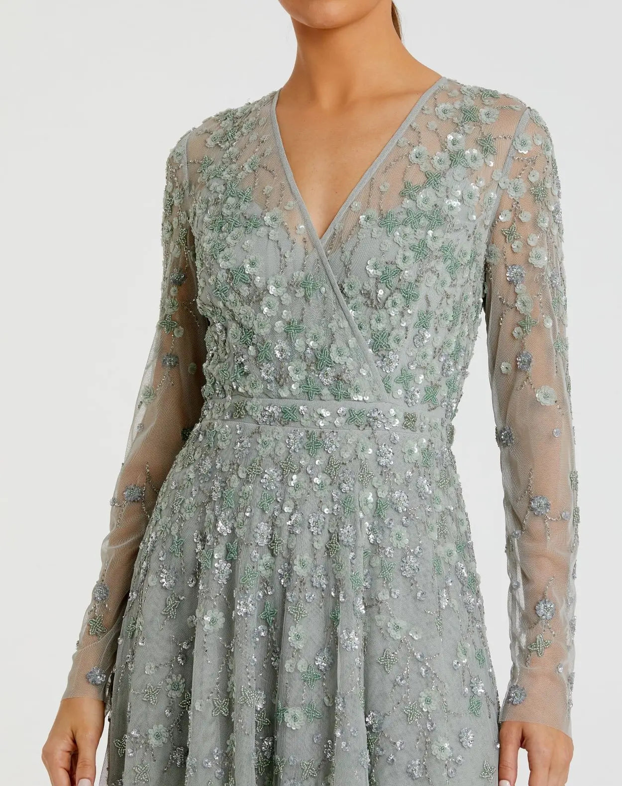 Green Embellished Wrap Over Illusion Long Sleeve A Line Gown
