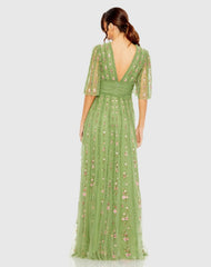 Green Floral V-Neck Ruffle Detail Empire Waist Gown