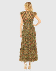 Green High Neck Ruffle Cap Sleeve Floral Dress