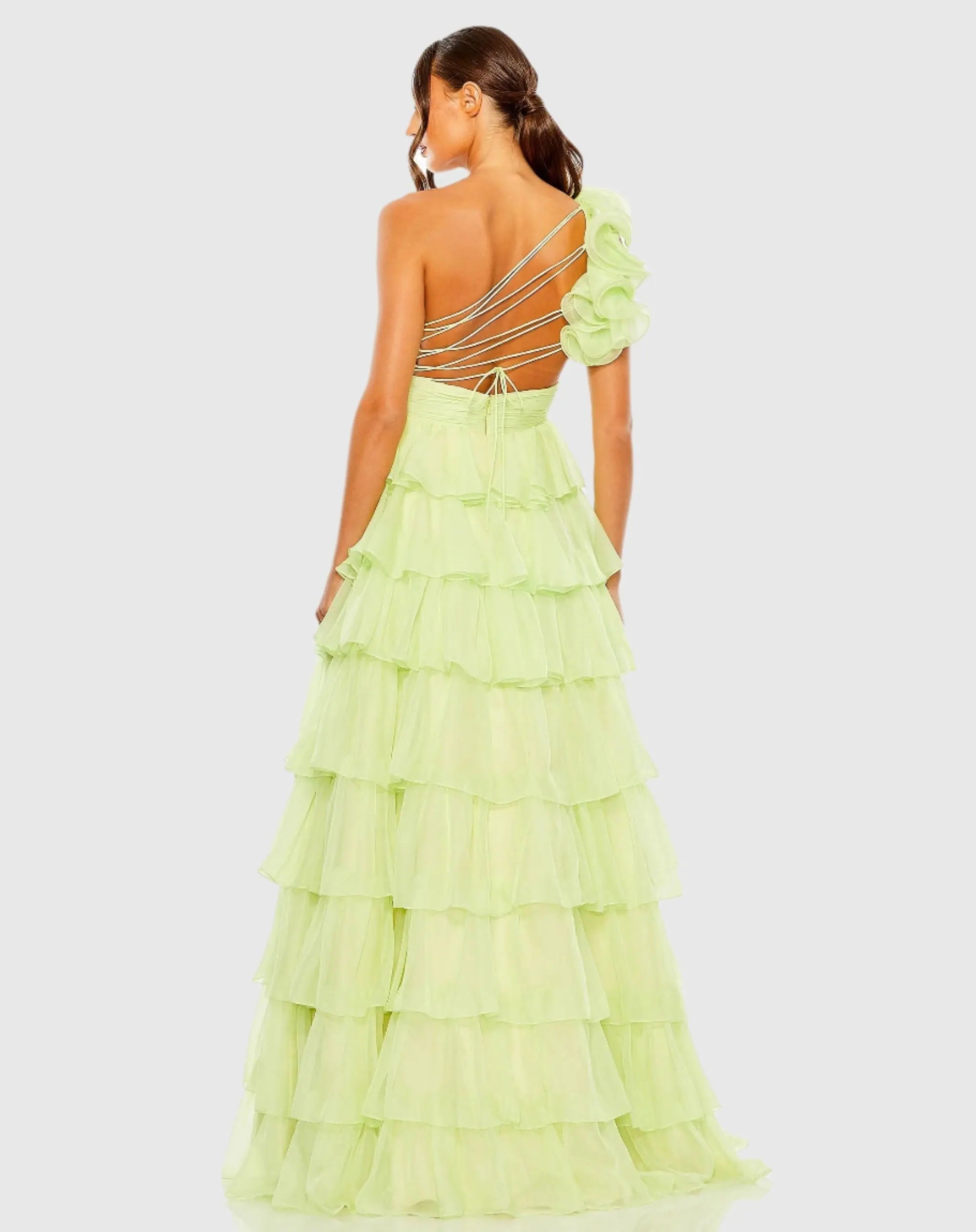 Green One Shoulder Ruffle Tiered Ballgown