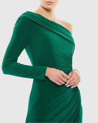 Green Ruched Jersey Drop Shoulder Foldover Gown