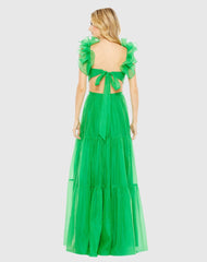 Green Ruffled Shoulder Cut Out Soft Tie Back Tiered Gown