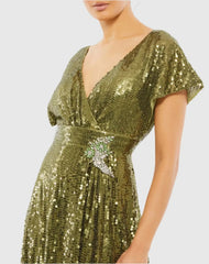 Green Sequined Butterfly Sleeve Wrap Over A Line Gown