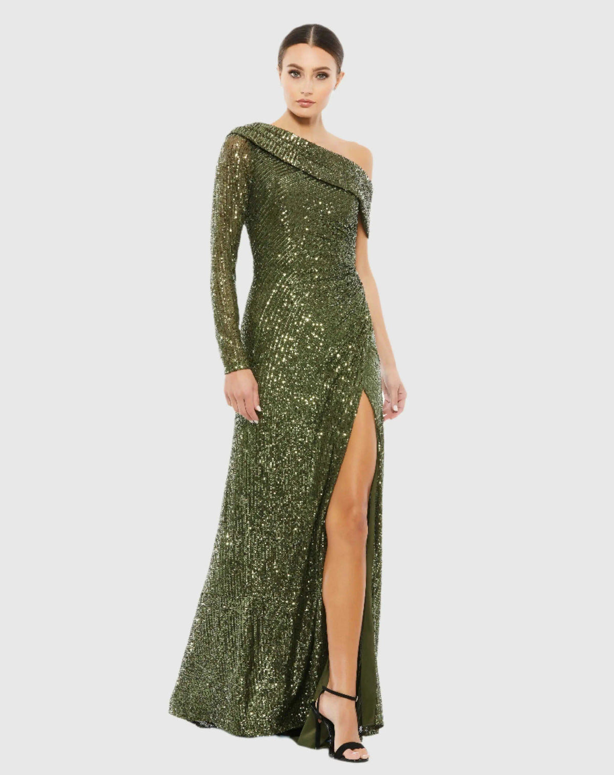 Green Sequined Drop Shoulder Faux Wrap Gown
