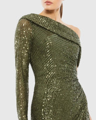 Green Sequined Drop Shoulder Faux Wrap Gown